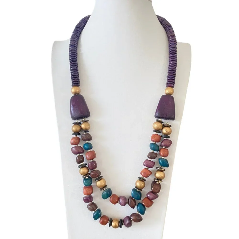 70s wooden necklace double strant multicolor